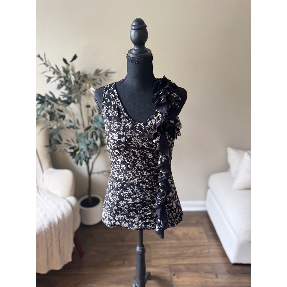 Elle Black White Floral Ruffle Sleeveless Knit Top Scoop Neck Small